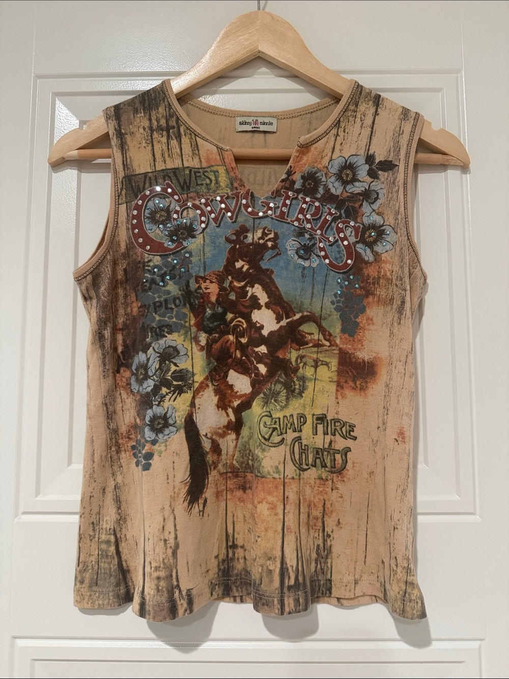 Skinny Minnie Beige Cowgirls Graphic Tank with Blue Floral Accents